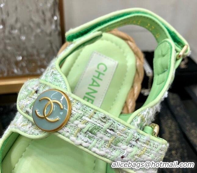 Sophisticated Chanel Tweed Strap Flat Sandals G35927 Green 0207110