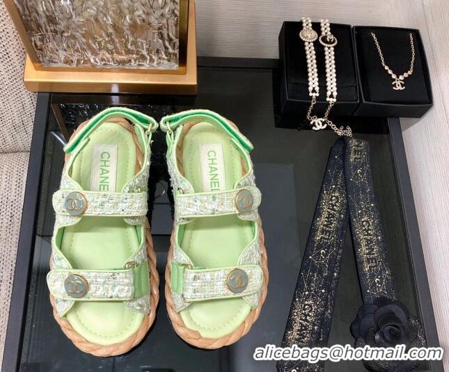 Sophisticated Chanel Tweed Strap Flat Sandals G35927 Green 0207110