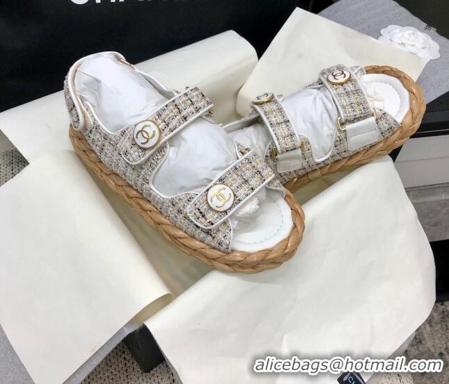 Pretty Style Chanel Tweed Strap Flat Sandals G35927 White 0207111