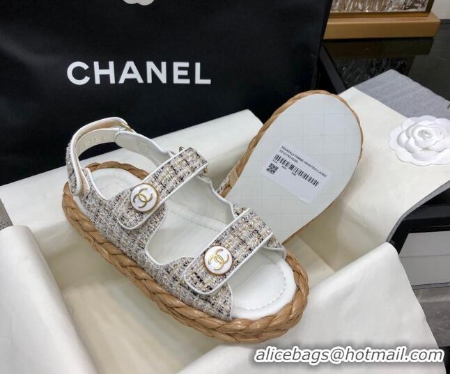 Pretty Style Chanel Tweed Strap Flat Sandals G35927 White 0207111