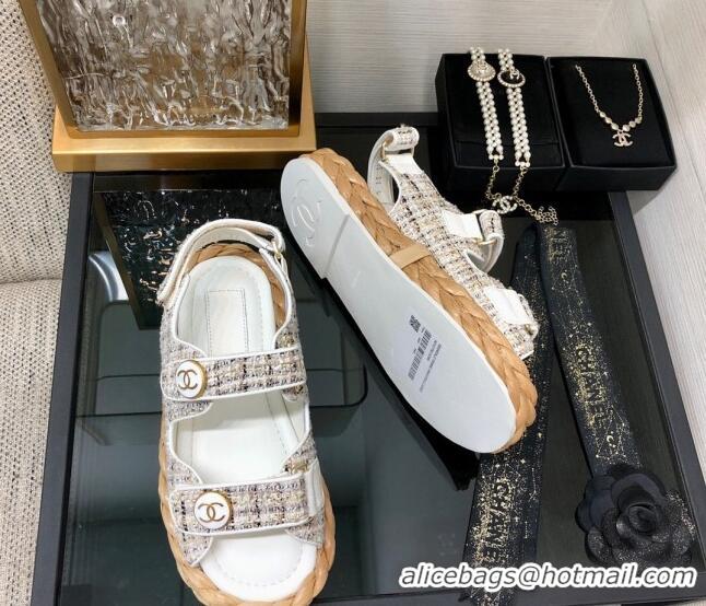 Pretty Style Chanel Tweed Strap Flat Sandals G35927 White 0207111