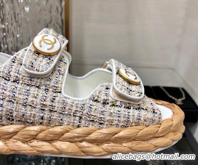 Pretty Style Chanel Tweed Strap Flat Sandals G35927 White 0207111