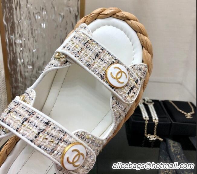 Pretty Style Chanel Tweed Strap Flat Sandals G35927 White 0207111