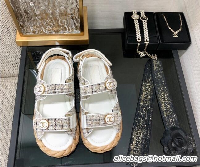 Pretty Style Chanel Tweed Strap Flat Sandals G35927 White 0207111