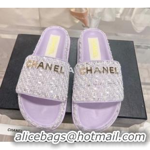 Top Grade Chanel Tweed Flat Slide Sandals Purple 207117