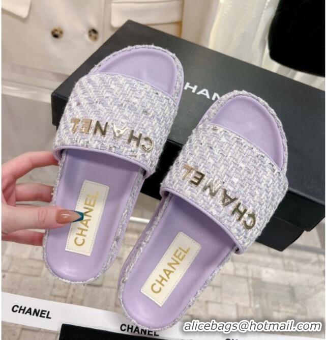 Top Grade Chanel Tweed Flat Slide Sandals Purple 207117