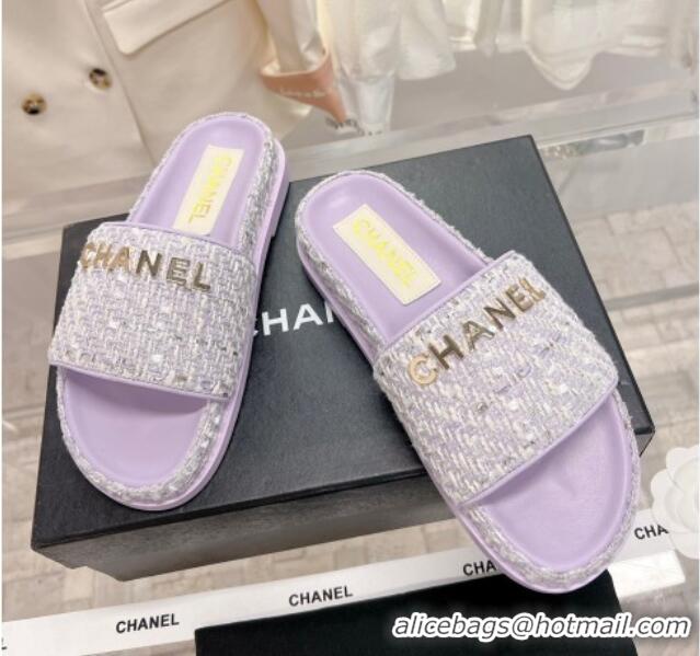 Top Grade Chanel Tweed Flat Slide Sandals Purple 207117