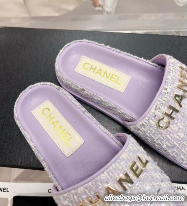 Top Grade Chanel Tweed Flat Slide Sandals Purple 207117