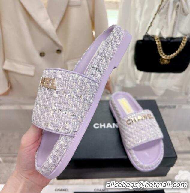 Top Grade Chanel Tweed Flat Slide Sandals Purple 207117