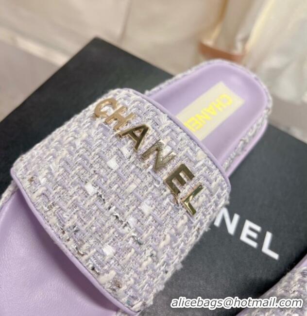 Top Grade Chanel Tweed Flat Slide Sandals Purple 207117