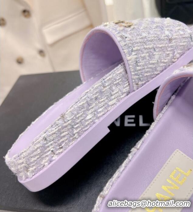 Top Grade Chanel Tweed Flat Slide Sandals Purple 207117