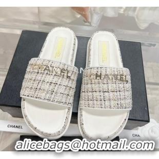 Sumptuous Chanel Tweed Flat Slide Sandals White 207112