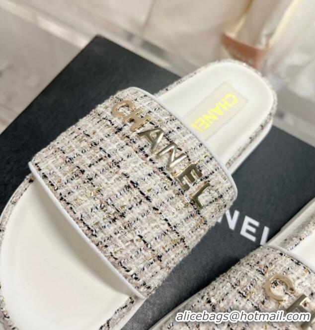 Sumptuous Chanel Tweed Flat Slide Sandals White 207112