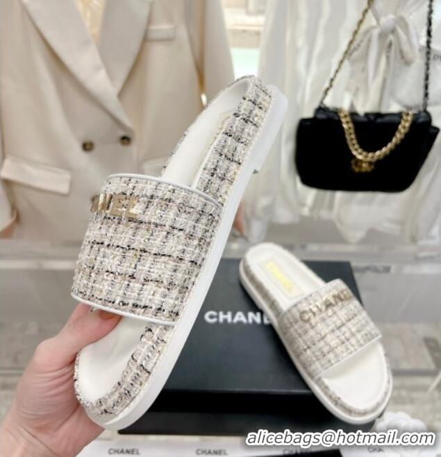 Sumptuous Chanel Tweed Flat Slide Sandals White 207112