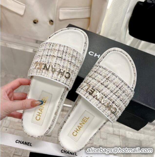 Sumptuous Chanel Tweed Flat Slide Sandals White 207112