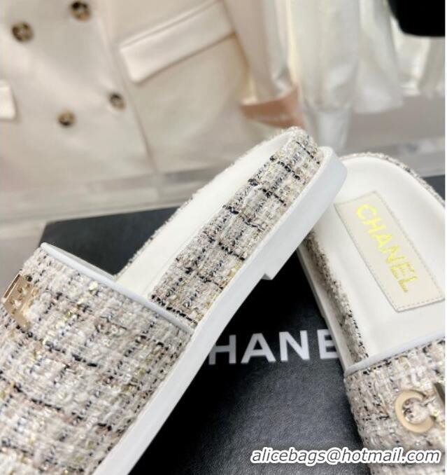 Sumptuous Chanel Tweed Flat Slide Sandals White 207112