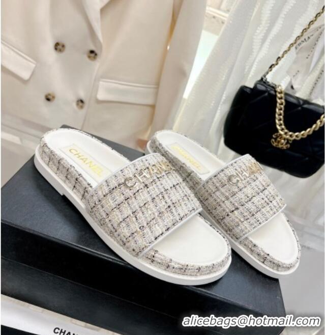 Sumptuous Chanel Tweed Flat Slide Sandals White 207112