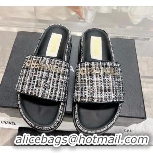 Best Product Chanel Tweed Flat Slide Sandals Black 207113