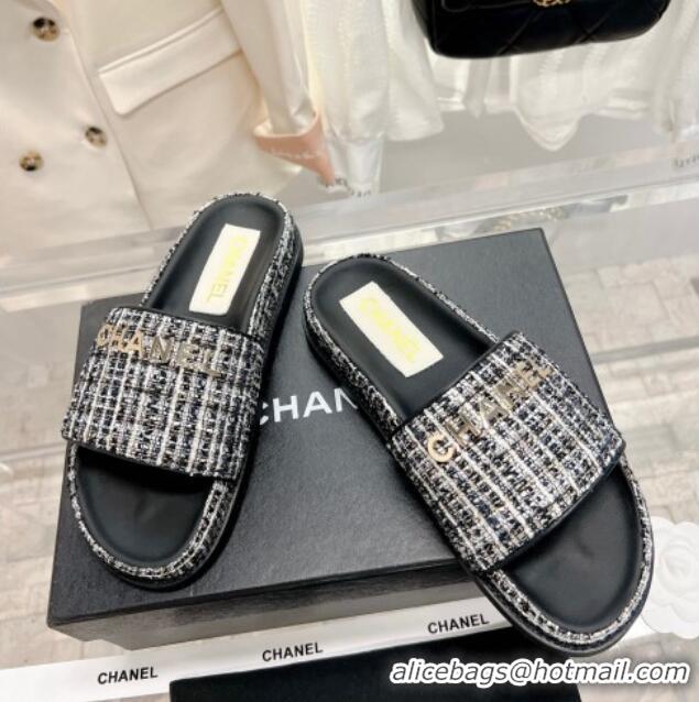 Best Product Chanel Tweed Flat Slide Sandals Black 207113