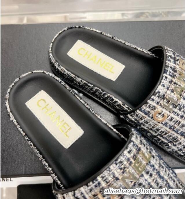 Best Product Chanel Tweed Flat Slide Sandals Black 207113