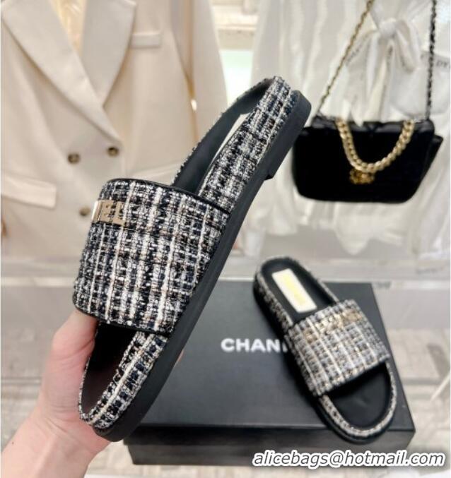 Best Product Chanel Tweed Flat Slide Sandals Black 207113