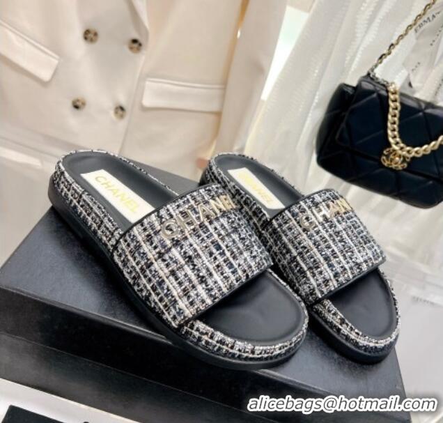 Best Product Chanel Tweed Flat Slide Sandals Black 207113