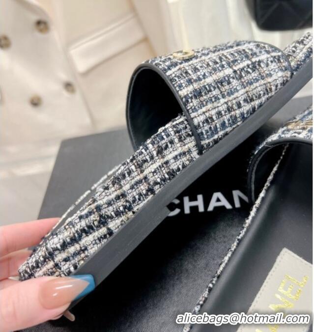 Best Product Chanel Tweed Flat Slide Sandals Black 207113