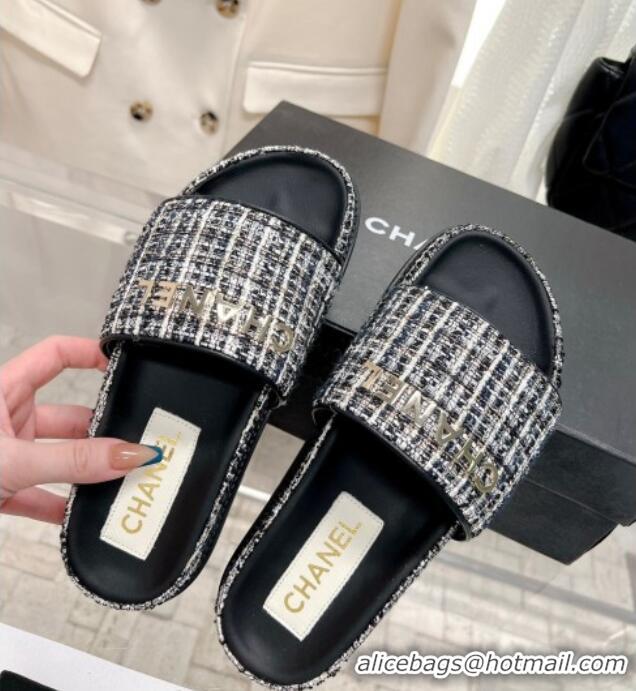 Best Product Chanel Tweed Flat Slide Sandals Black 207113