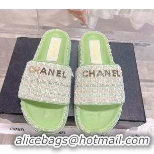 Stylish Chanel Tweed Flat Slide Sandals Green 207114