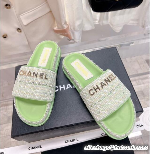 Stylish Chanel Tweed Flat Slide Sandals Green 207114