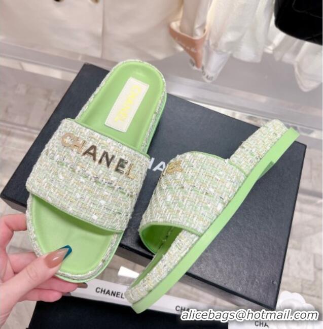 Stylish Chanel Tweed Flat Slide Sandals Green 207114