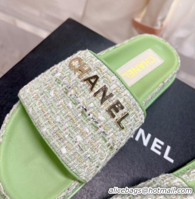 Stylish Chanel Tweed Flat Slide Sandals Green 207114