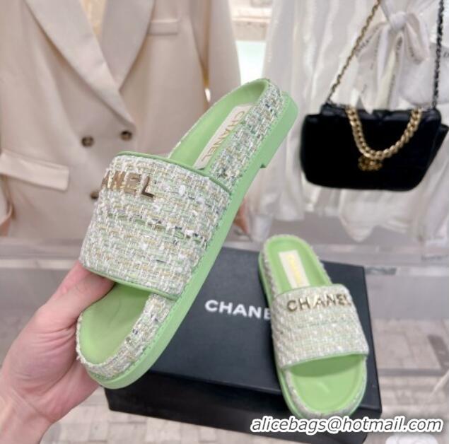 Stylish Chanel Tweed Flat Slide Sandals Green 207114