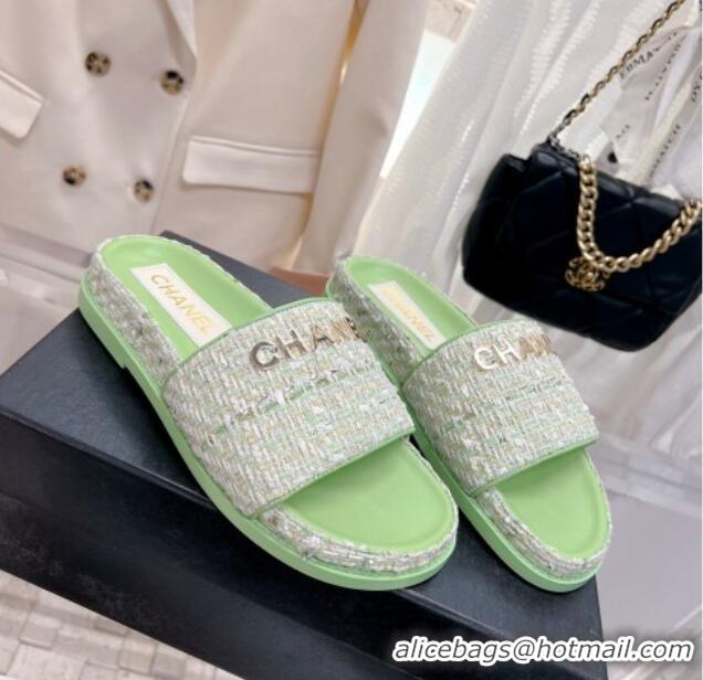 Stylish Chanel Tweed Flat Slide Sandals Green 207114