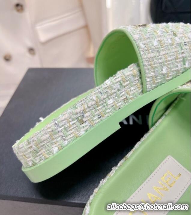 Stylish Chanel Tweed Flat Slide Sandals Green 207114