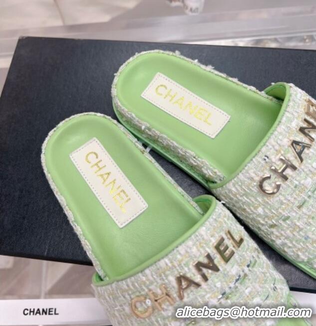 Stylish Chanel Tweed Flat Slide Sandals Green 207114