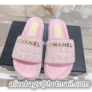 Grade Quality Chanel Tweed Flat Slide Sandals Pink 207115