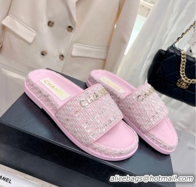 Grade Quality Chanel Tweed Flat Slide Sandals Pink 207115