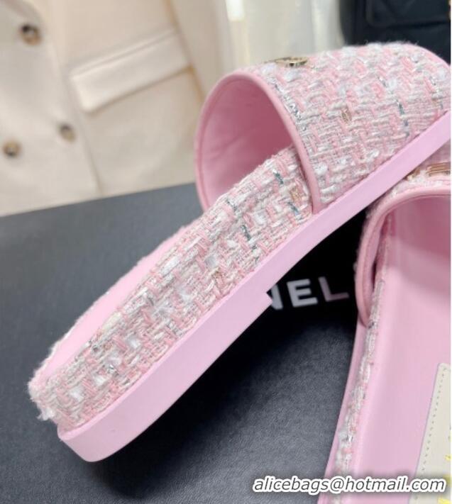 Grade Quality Chanel Tweed Flat Slide Sandals Pink 207115