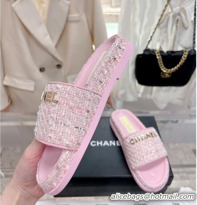 Grade Quality Chanel Tweed Flat Slide Sandals Pink 207115