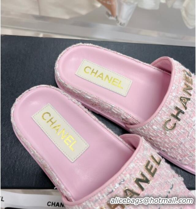 Grade Quality Chanel Tweed Flat Slide Sandals Pink 207115