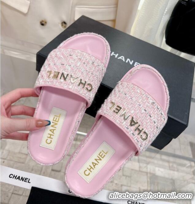 Grade Quality Chanel Tweed Flat Slide Sandals Pink 207115