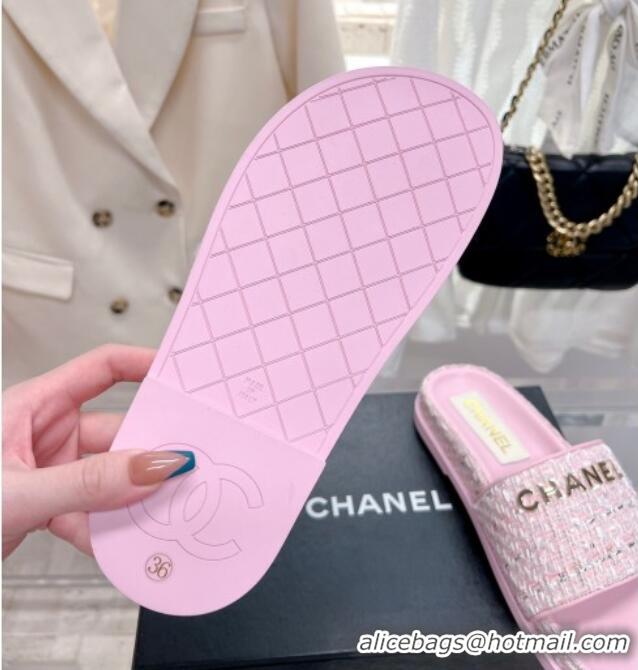 Grade Quality Chanel Tweed Flat Slide Sandals Pink 207115