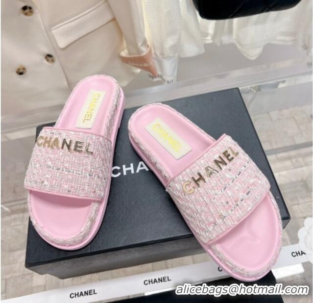 Grade Quality Chanel Tweed Flat Slide Sandals Pink 207115