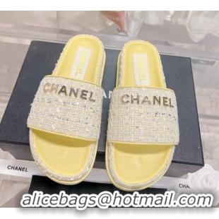 Fashion Chanel Tweed Flat Slide Sandals Yellow 0207116