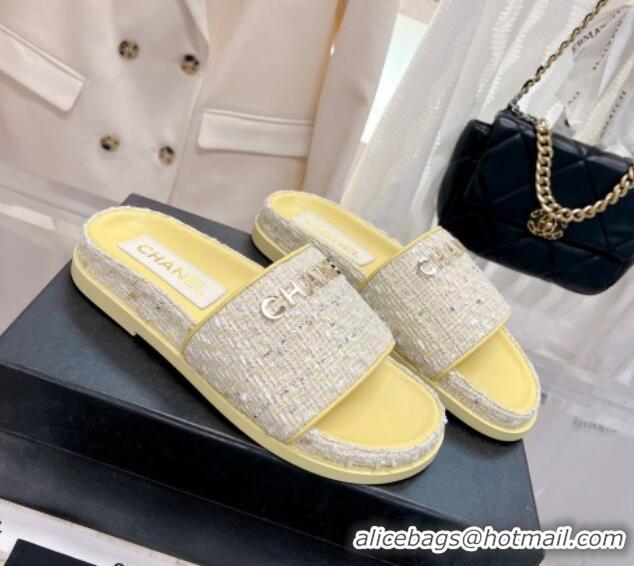 Fashion Chanel Tweed Flat Slide Sandals Yellow 0207116