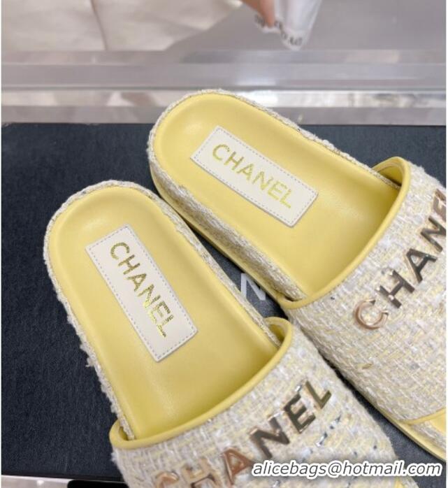 Fashion Chanel Tweed Flat Slide Sandals Yellow 0207116