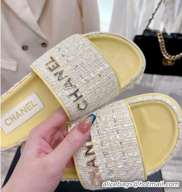 Fashion Chanel Tweed Flat Slide Sandals Yellow 0207116