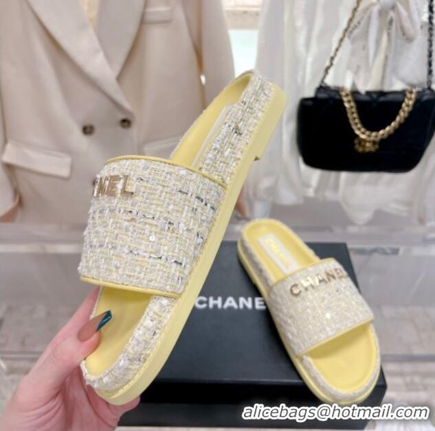 Fashion Chanel Tweed Flat Slide Sandals Yellow 0207116