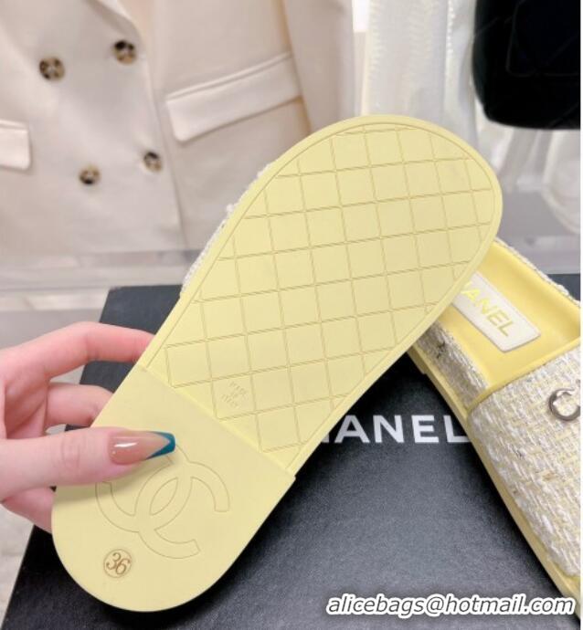 Fashion Chanel Tweed Flat Slide Sandals Yellow 0207116